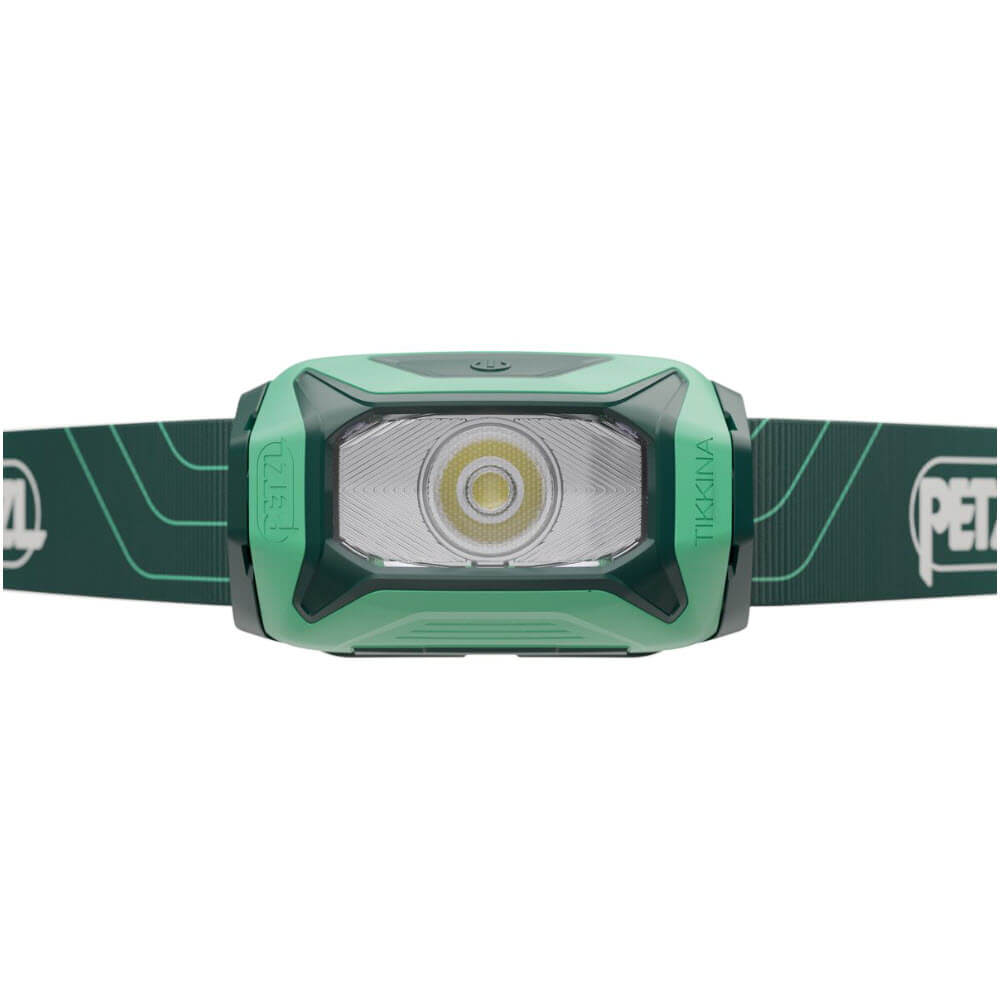 Petzl TIKKINA Headlamp Single Wide Beam Pattern with Adjustable Head Strap Running Headlamp 300 Lumens in Green Front View