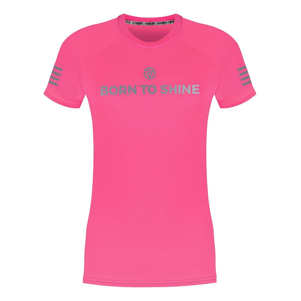 Proviz Born to Shine Womens short sleeved running top moisture wicking lightweight and breathable. Reflective details and neon fluorescent pink colours