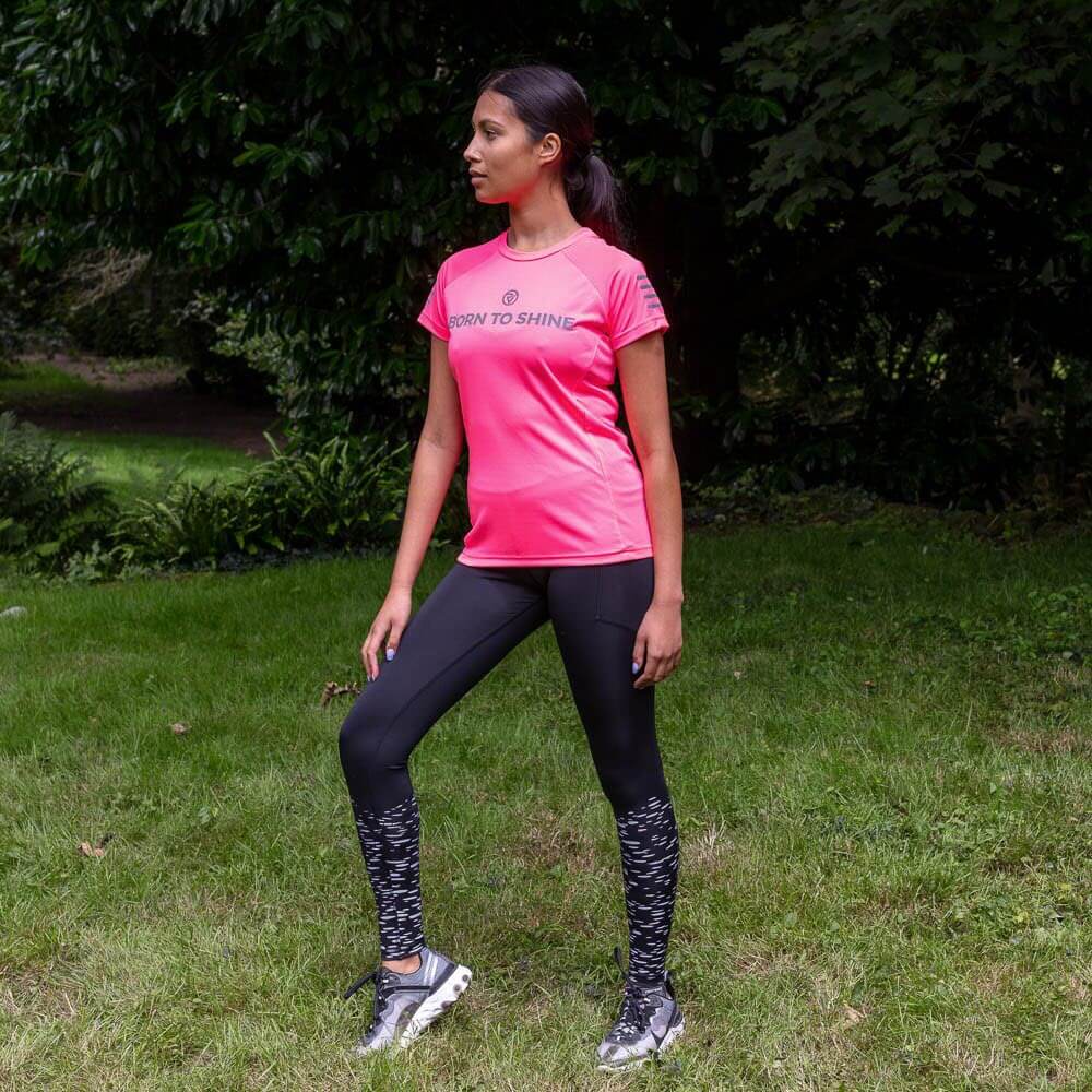Proviz Born to Shine Womens short sleeved running top moisture wicking lightweight and breathable. Reflective details and neon fluorescent pink colours
