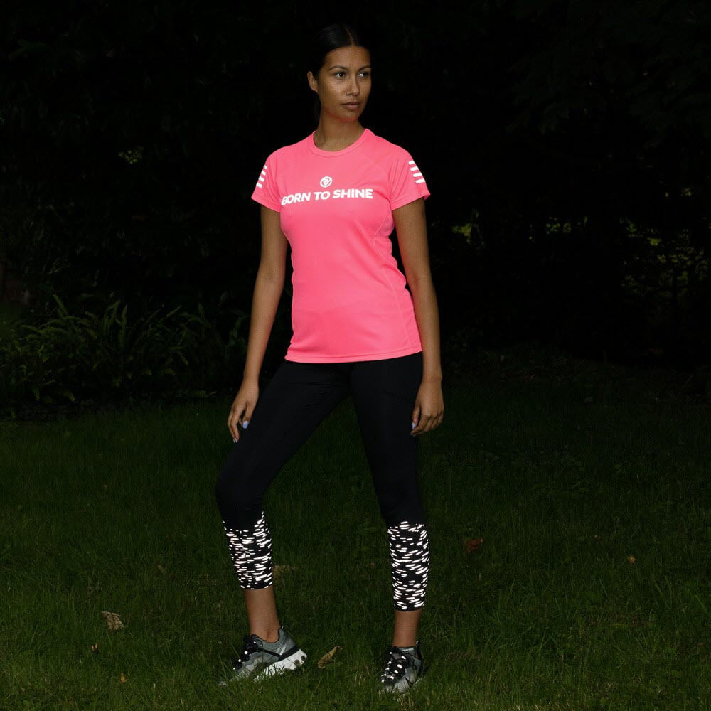 Proviz Born to Shine Womens short sleeved running top moisture wicking lightweight and breathable. Reflective details and neon fluorescent pink colours