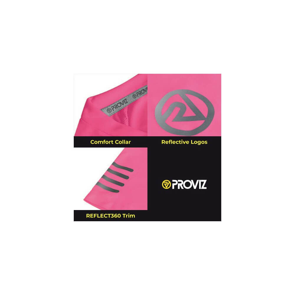 Proviz Born to Shine Womens short sleeved running top moisture wicking lightweight and breathable. Reflective details and neon fluorescent pink colours