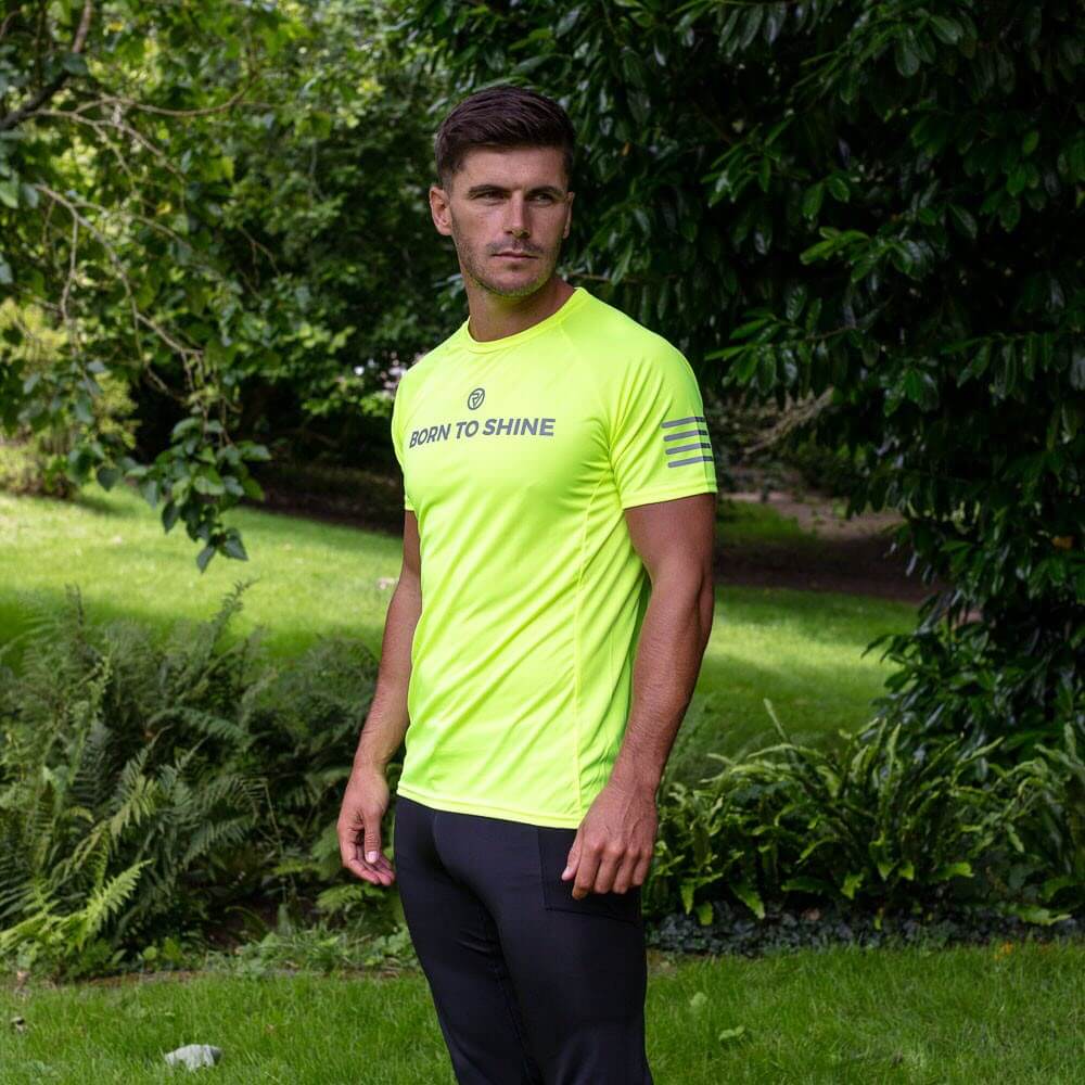 Proviz mens short sleeve running top with reflective visibility and neon fluorescent colour moisture wicking and breathable