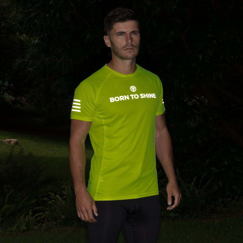 Proviz mens short sleeve running top with reflective visibility and neon fluorescent colour moisture wicking and breathable