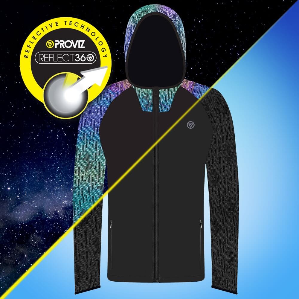 Proviz REFLECT360 Explorer Mens lightweight breathable windproof water resistant rainbow reflective running jacket with hood