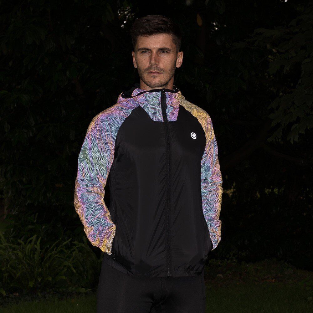 Proviz REFLECT360 Explorer Mens lightweight breathable windproof water resistant rainbow reflective running jacket with hood