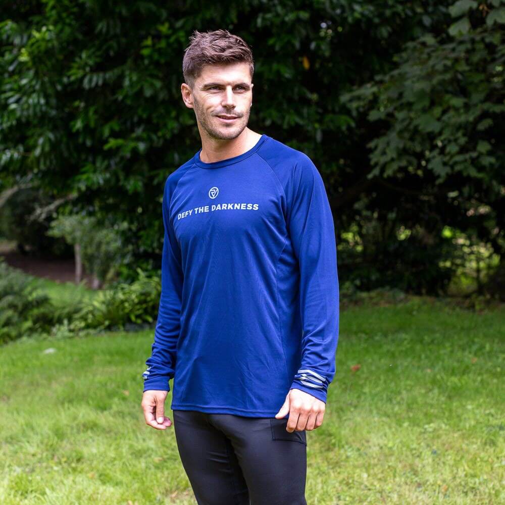 Proviz mens long sleeve running top breathable and moisture wicking. Reflective details to increase visibility and motivational statement