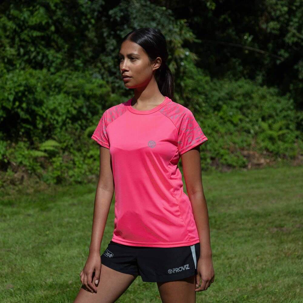 Proviz REFLECT360 Womens Short Sleeve Running Top. Breathable and moisture wicking with large reflective details for visibility.