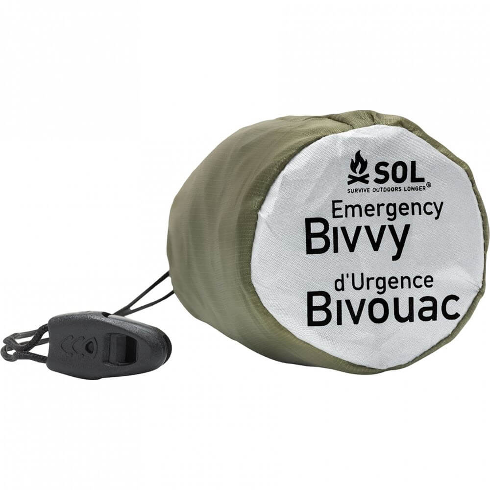 SOL Emergency Bivvy Heat Sleeping Bag with Tinder Cord and Emergency Whistle in Green