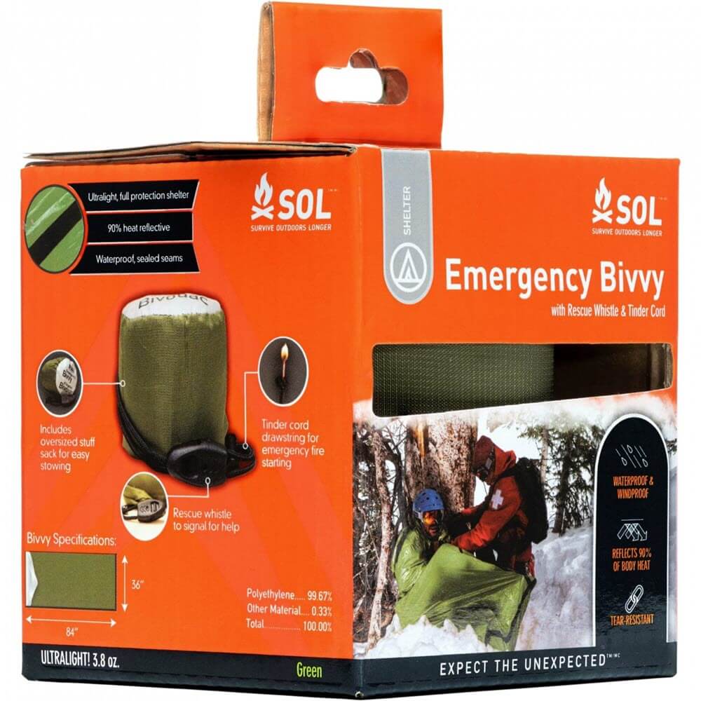 SOL Emergency Bivvy Heat Sleeping Bag with Tinder Cord and Emergency Whistle in Green