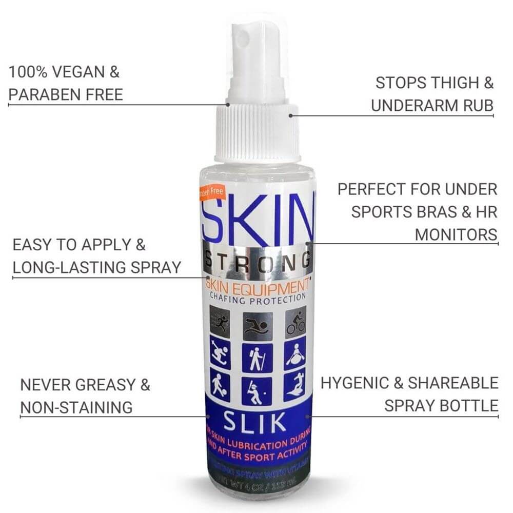 Skin Strong SLIK anti-chafe spray, anti-blister spray. Stop thigh Rub and Stop Blisters