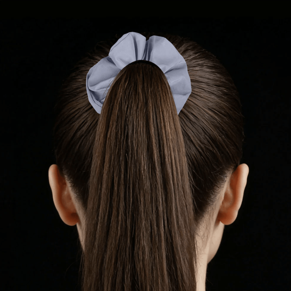 Silver Reflective Hair Srunchie on a poneytail daytime back view