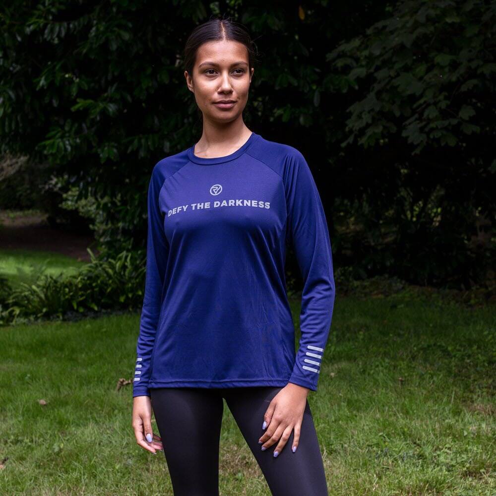 Proviz Womens long sleeve running top defy the darkness. Moisture wicking, breathable with reflective details and motivaitonal statement